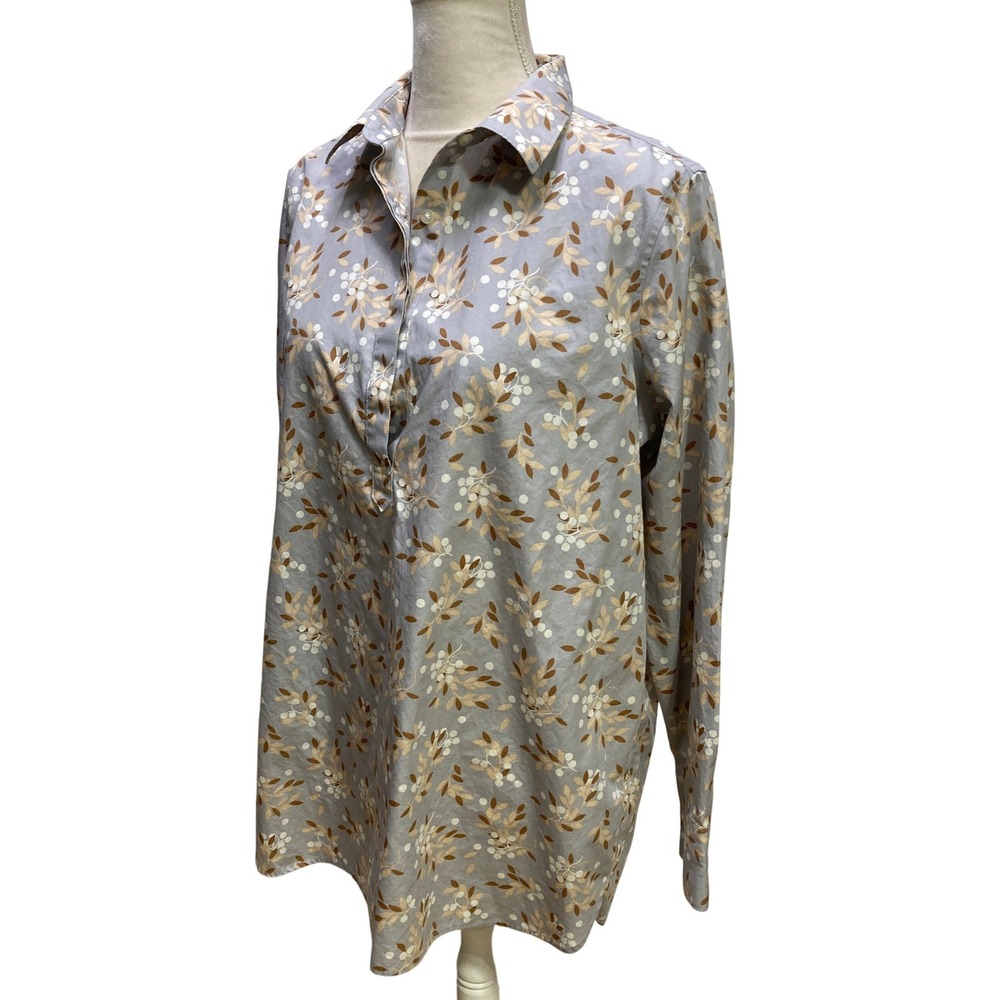 Lands End Womens Gray Floral Leaf Cotton Popover Tunic Shirt Long Sleeve Size 14